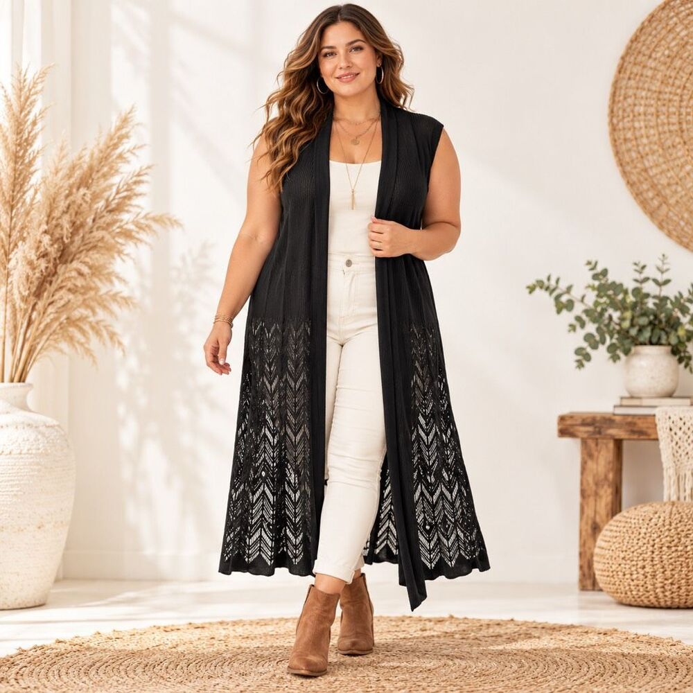 Lane Bryant Black Sleeveless Open Knit Duster Cardigan Plus Size 14/16